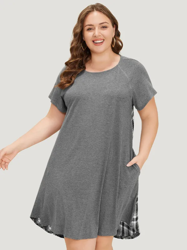 Plaid Patchwork Pocket Raglan Sleeve High Low Dress sold by Bloomchic