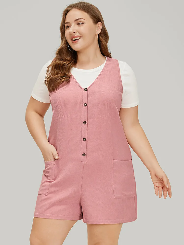 Solid Pocket Waffle Knit Button Detail Tank Romper sold by Bloomchic product image thumbnail 3