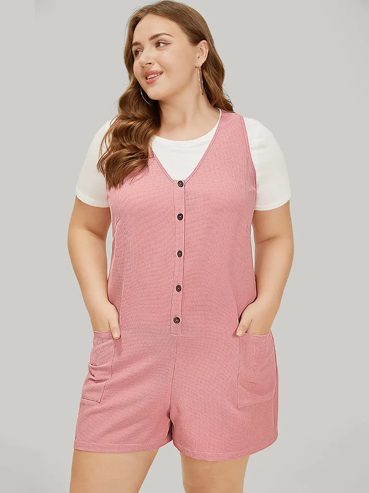 Solid Pocket Waffle Knit Button Detail Tank Romper sold by Bloomchic