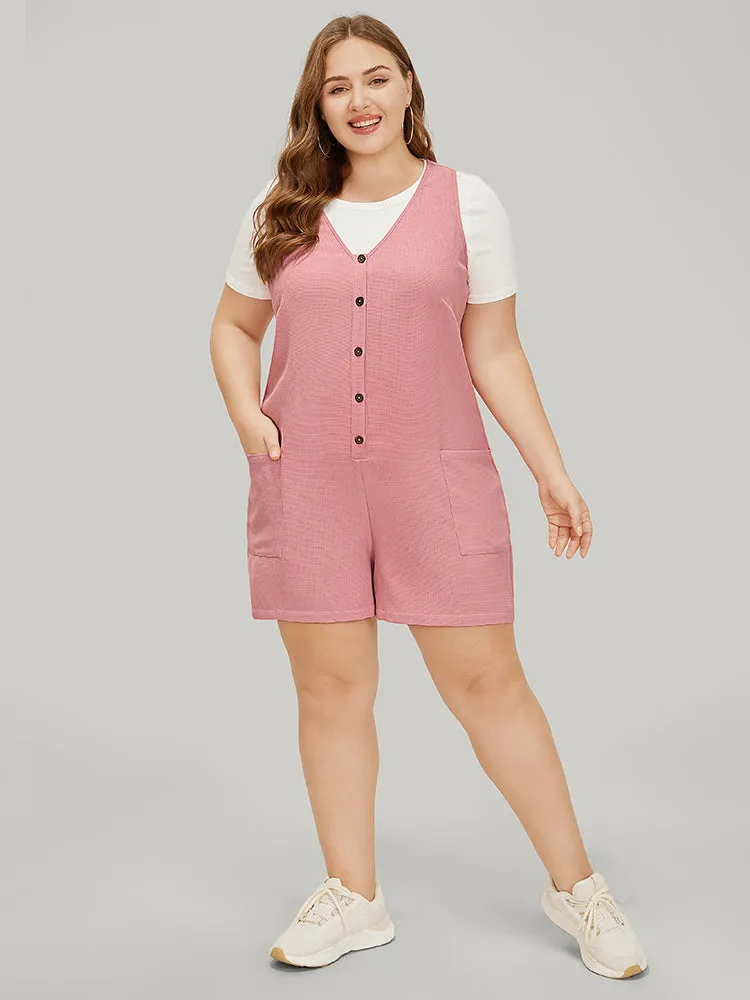 Solid Pocket Waffle Knit Button Detail Tank Romper sold by Bloomchic product image thumbnail 5