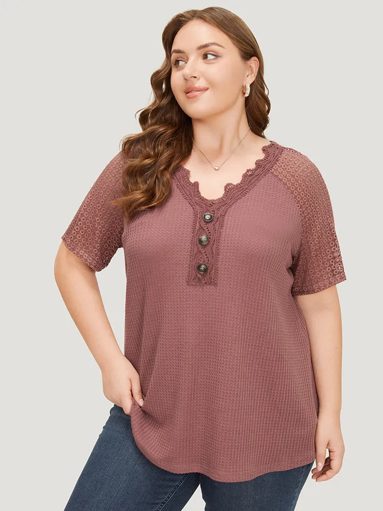 Plain Contrast Lace Raglan Sleeve Button Detail T-shirt sold by Bloomchic product image thumbnail 5