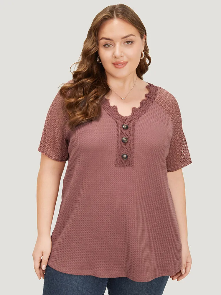 Plain Contrast Lace Raglan Sleeve Button Detail T-shirt sold by Bloomchic product image thumbnail 2