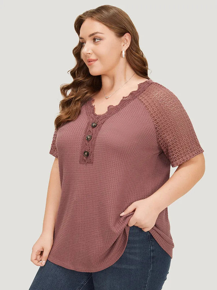 Plain Contrast Lace Raglan Sleeve Button Detail T-shirt sold by Bloomchic product image thumbnail 4