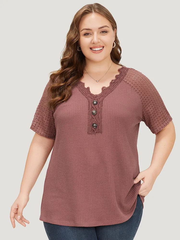 Plain Contrast Lace Raglan Sleeve Button Detail T-shirt sold by Bloomchic product image thumbnail 3