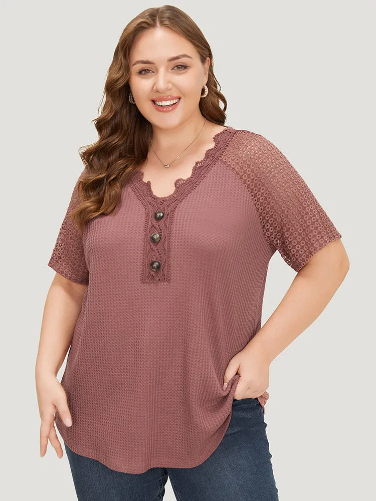 Plain Contrast Lace Raglan Sleeve Button Detail T-shirt sold by Bloomchic