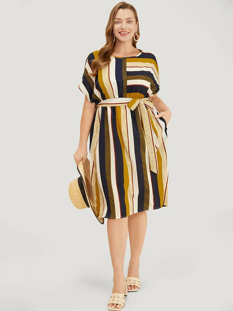 Striped Patchwork Belted Ruffles Pocket Dolman Sleeve Dress sold by Bloomchic product image thumbnail 4