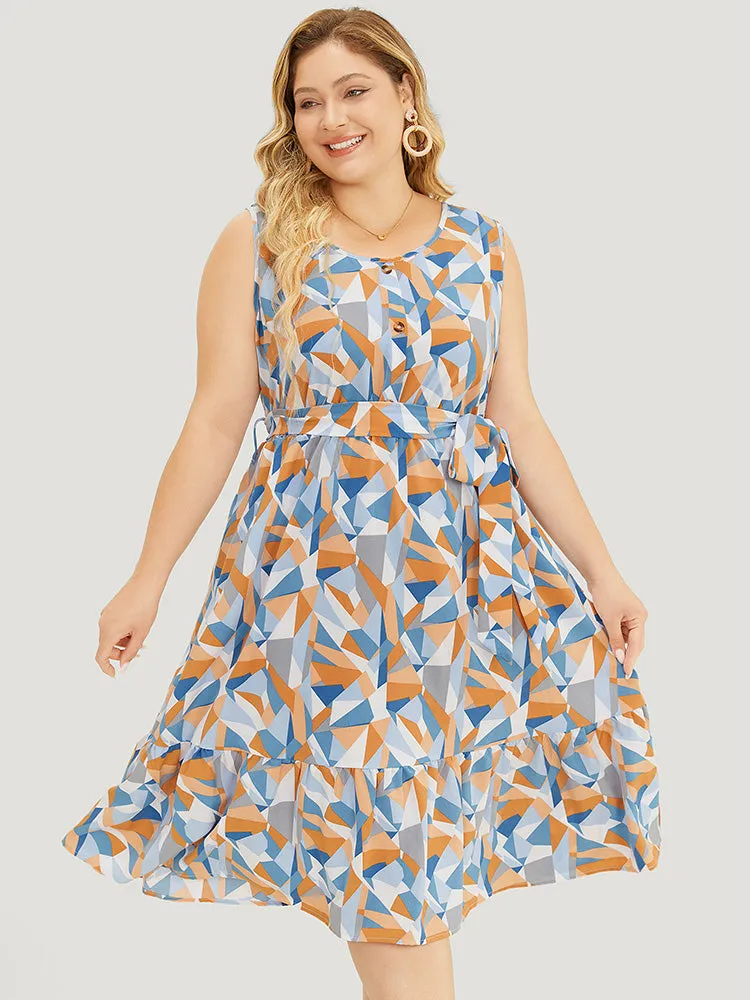 Geometric Belt Ruffle Hem Pocket Button Detail Tank Dress sold by Bloomchic product image thumbnail 5