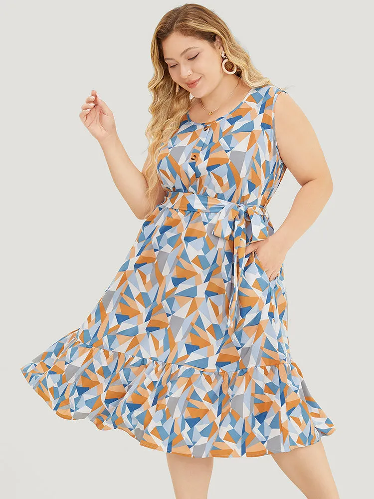 Geometric Belt Ruffle Hem Pocket Button Detail Tank Dress sold by Bloomchic product image thumbnail 2