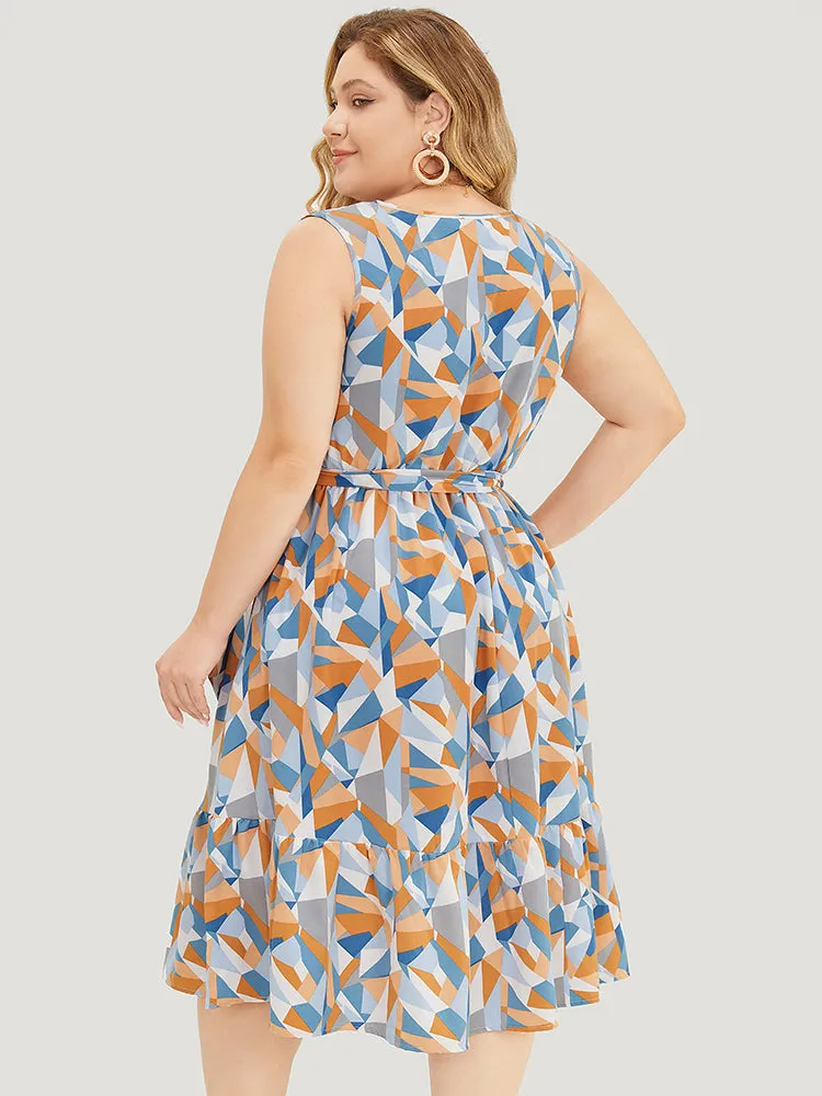 Geometric Belt Ruffle Hem Pocket Button Detail Tank Dress sold by Bloomchic product image thumbnail 3