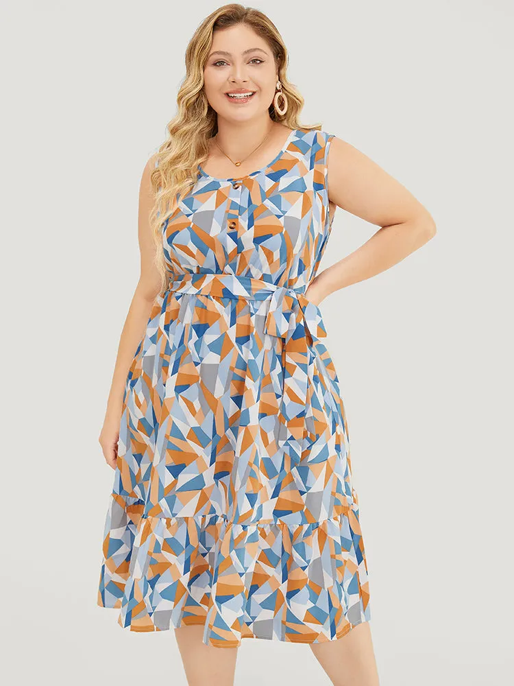 Geometric Belt Ruffle Hem Pocket Button Detail Tank Dress sold by Bloomchic product image thumbnail 4