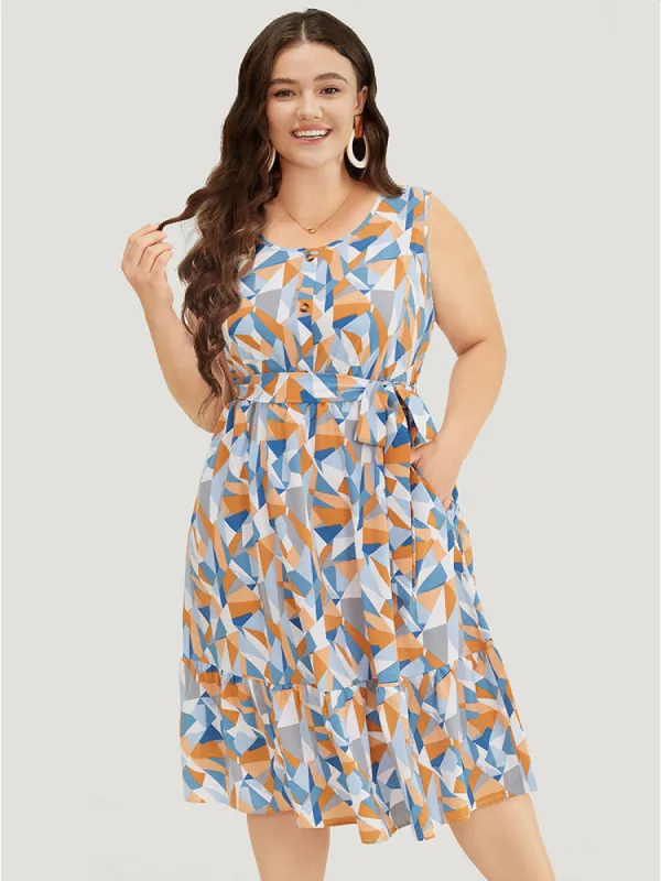 Geometric Belt Ruffle Hem Pocket Button Detail Tank Dress sold by Bloomchic