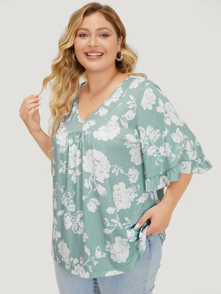 Floral Print Gathered Flutter Sleeve T-shirt sold by Bloomchic product image thumbnail 3