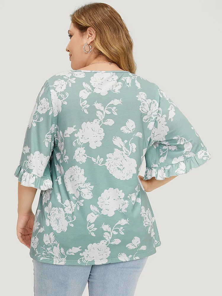 Floral Print Gathered Flutter Sleeve T-shirt sold by Bloomchic product image thumbnail 4