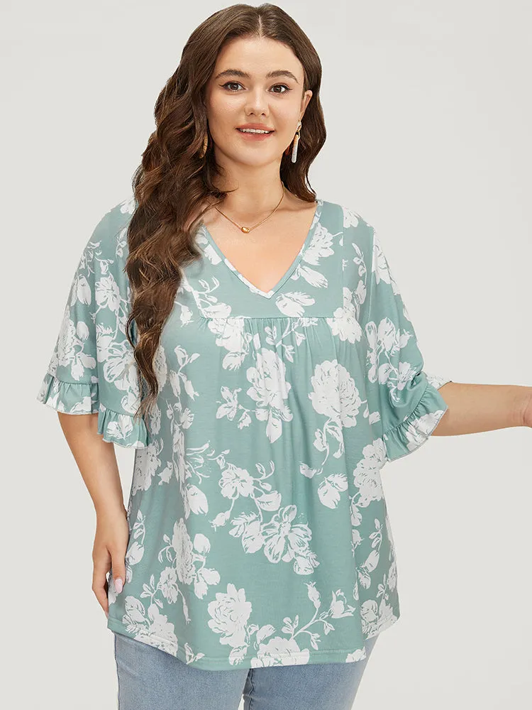 Floral Print Gathered Flutter Sleeve T-shirt sold by Bloomchic