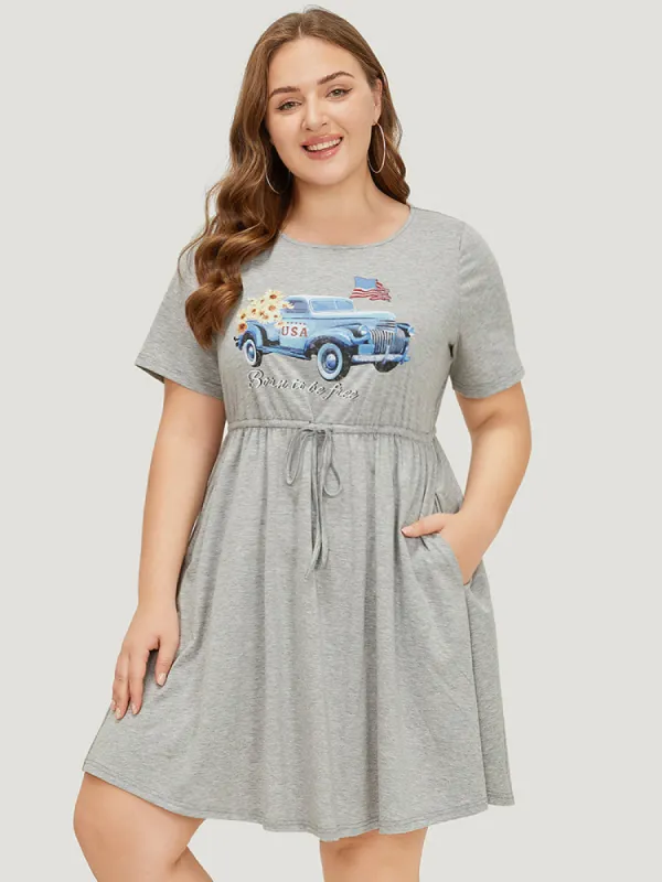 Car Print Drawstring Pocket Flutter Graphic  Dress sold by Bloomchic