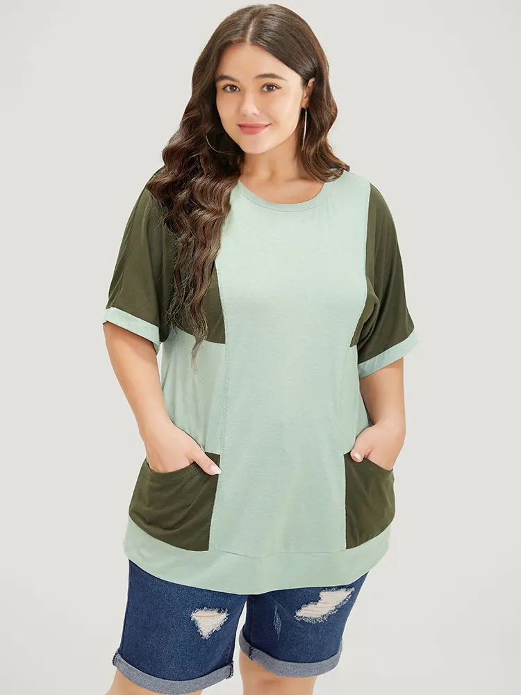 Two Tone Dolman Sleeve Patched Pocket T-shirt sold by Bloomchic