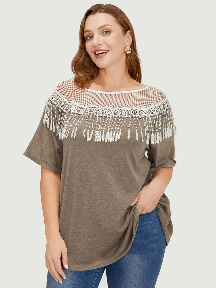 Solid Roll Sleeve Lace Fringe Trim T-shirt sold by Bloomchic product image thumbnail 2