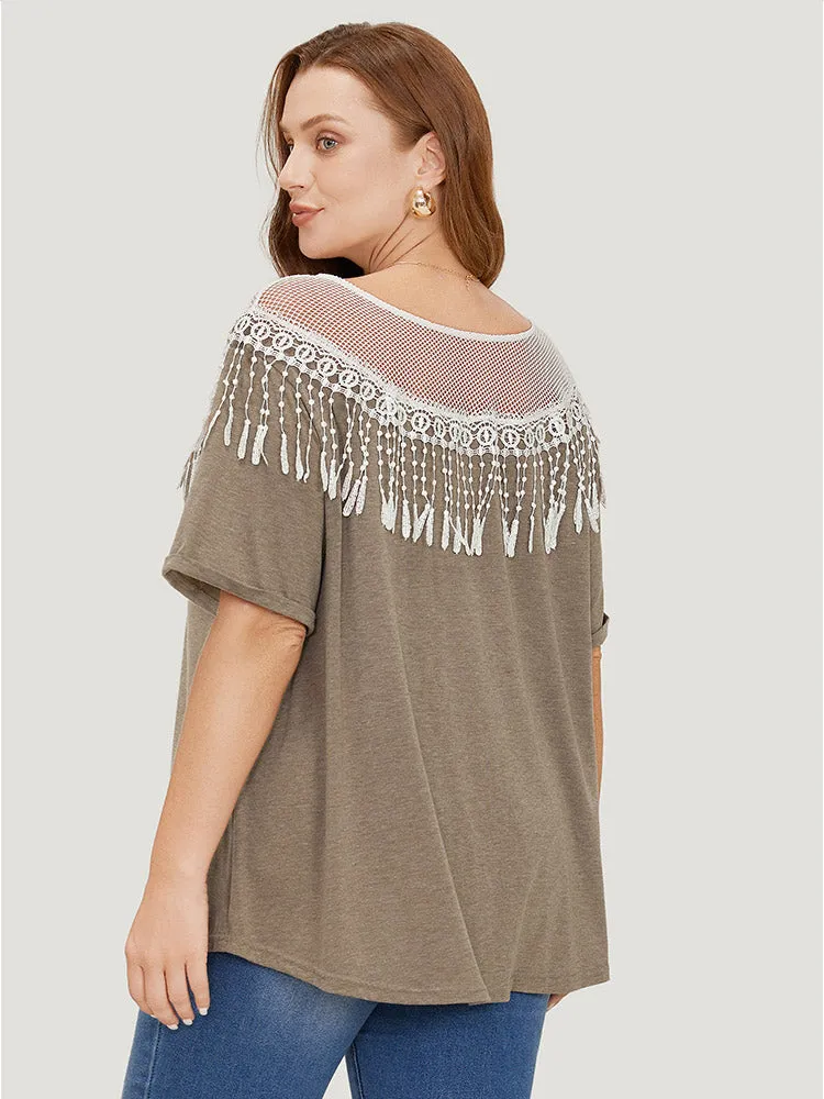 Solid Roll Sleeve Lace Fringe Trim T-shirt sold by Bloomchic product image thumbnail 5
