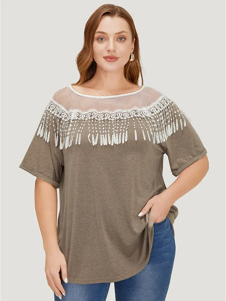 Solid Roll Sleeve Lace Fringe Trim T-shirt sold by Bloomchic