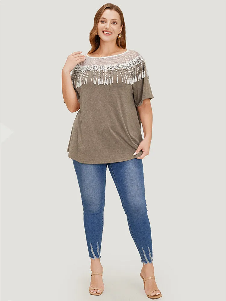 Solid Roll Sleeve Lace Fringe Trim T-shirt sold by Bloomchic product image thumbnail 4