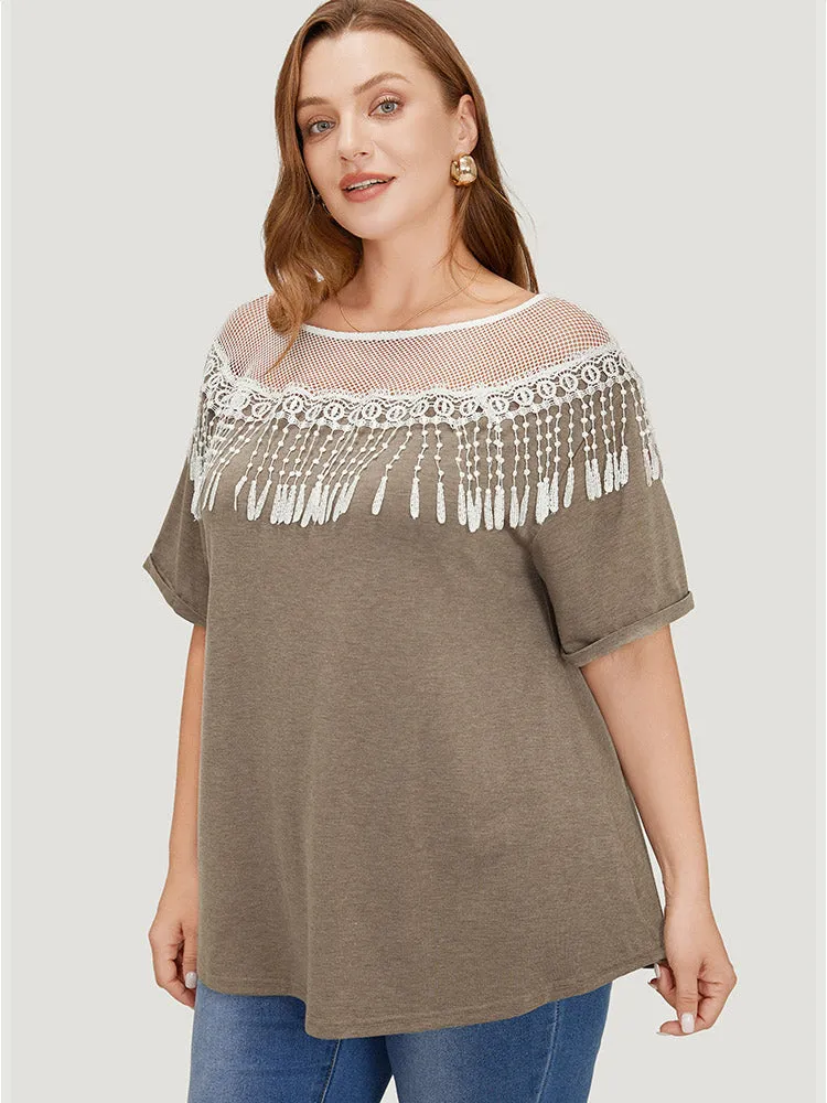 Solid Roll Sleeve Lace Fringe Trim T-shirt sold by Bloomchic product image thumbnail 3
