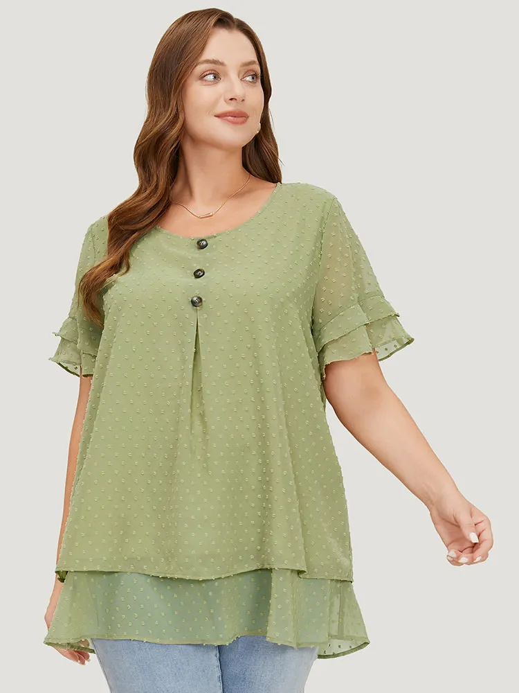 Polka Dot Button Detail Mesh Ruffle Layered Blouse sold by Bloomchic