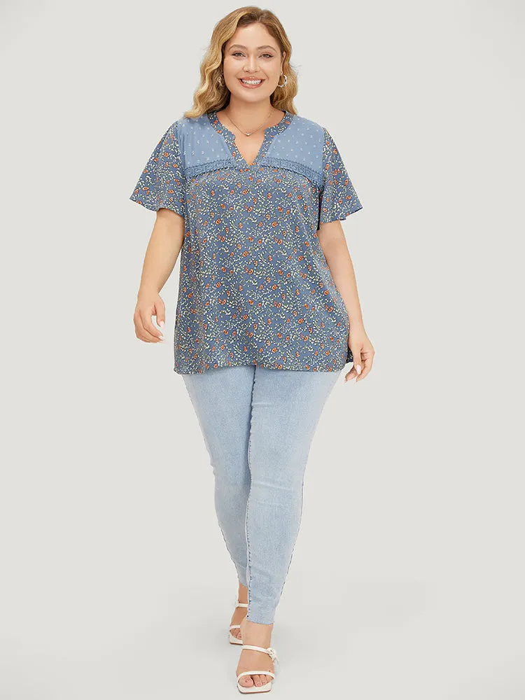 Ditsy Floral & Polka Dot Lace Notched Neck Blouse sold by Bloomchic product image thumbnail 4