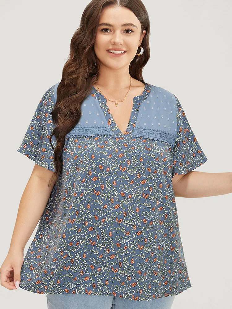 Ditsy Floral & Polka Dot Lace Notched Neck Blouse sold by Bloomchic