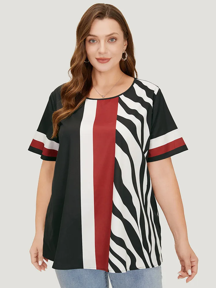 Striped & Geometric Print Crew Neck Blouse sold by Bloomchic