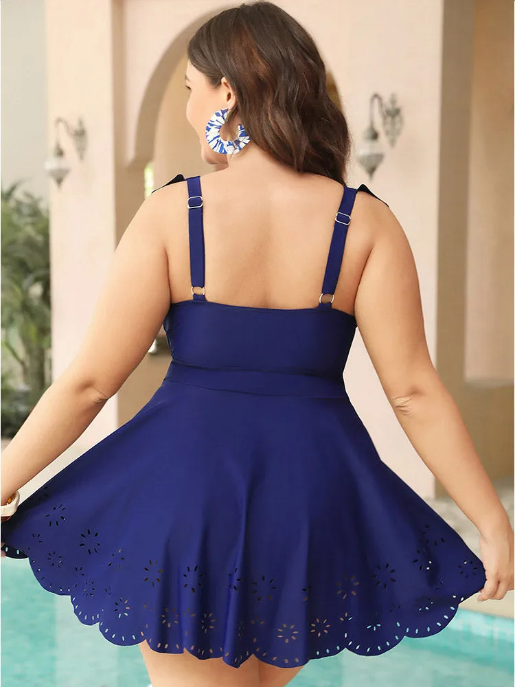 Laser Cut Ruffle Trim Crisscross Neck Scalloped Swim Dress sold by Bloomchic product image thumbnail 2