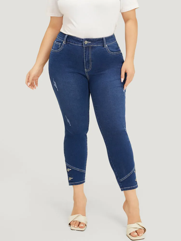 Very Stretchy High Rise Dark Wash Button Hem Jeans sold by Bloomchic product image thumbnail 4