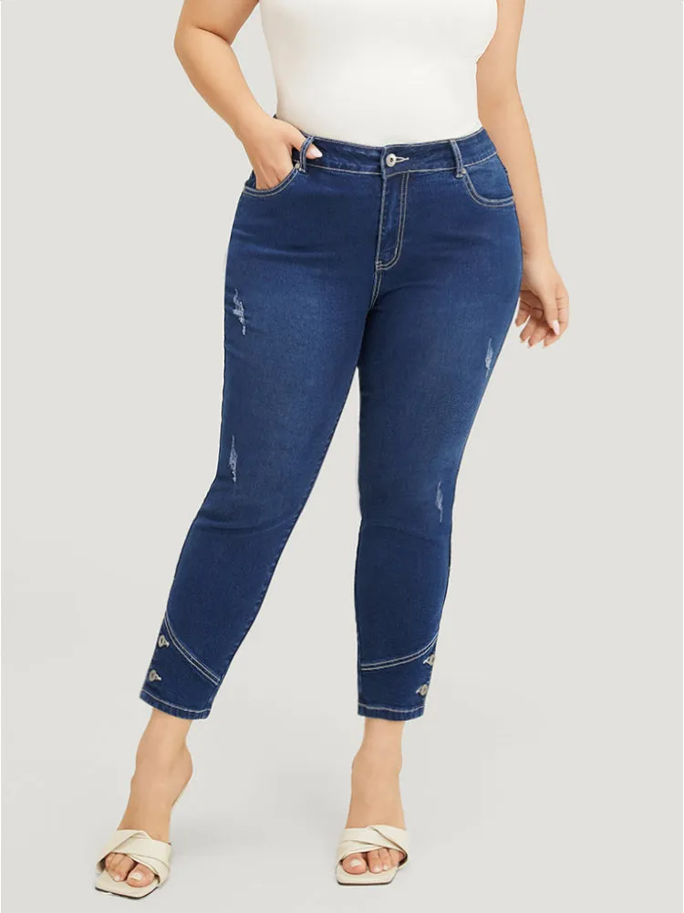 Very Stretchy High Rise Dark Wash Button Hem Jeans sold by Bloomchic