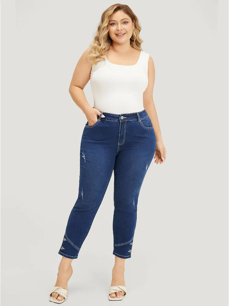 Very Stretchy High Rise Dark Wash Button Hem Jeans sold by Bloomchic product image thumbnail 2