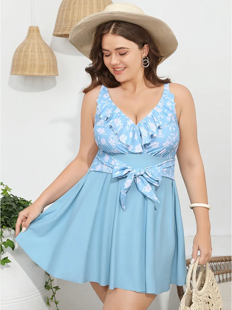 Floral Patchwork Ruffle Trim Knot Front Swim Dress sold by Bloomchic