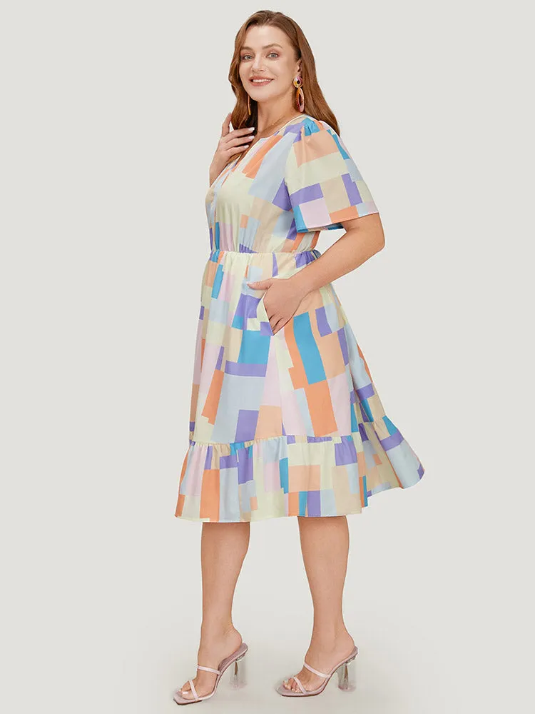 Geometric Notched Pocket Shirred Flutter Hem Dress sold by Bloomchic product image thumbnail 5