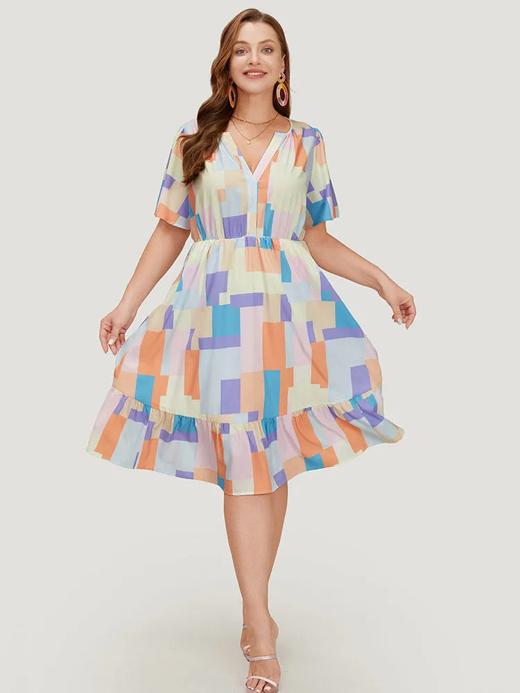 Geometric Notched Pocket Shirred Flutter Hem Dress sold by Bloomchic product image thumbnail 2