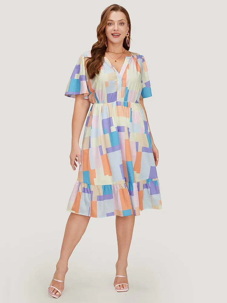 Geometric Notched Pocket Shirred Flutter Hem Dress sold by Bloomchic product image thumbnail 3