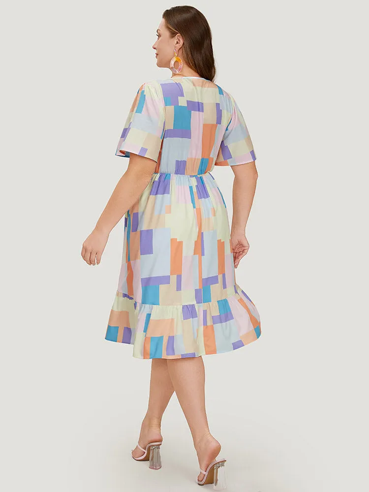 Geometric Notched Pocket Shirred Flutter Hem Dress sold by Bloomchic product image thumbnail 4