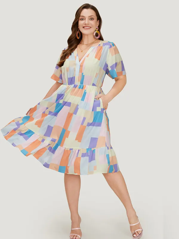 Geometric Notched Pocket Shirred Flutter Hem Dress sold by Bloomchic