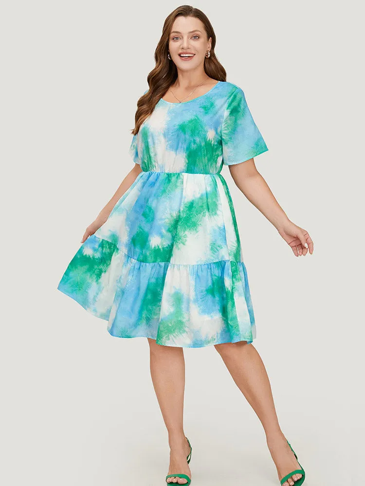 Tie Dye Crew Neck Pocket Ruffle Tiered Dress sold by Bloomchic