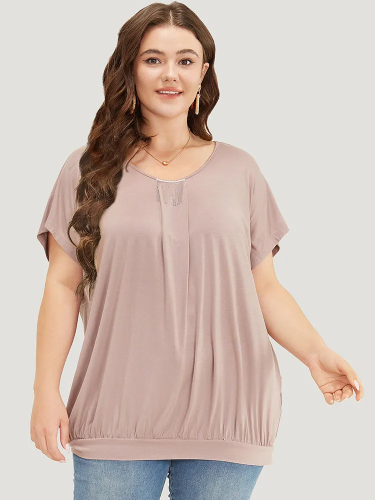 Solid Fringe Hem Batwing Sleeve Gathered T-shirt sold by Bloomchic