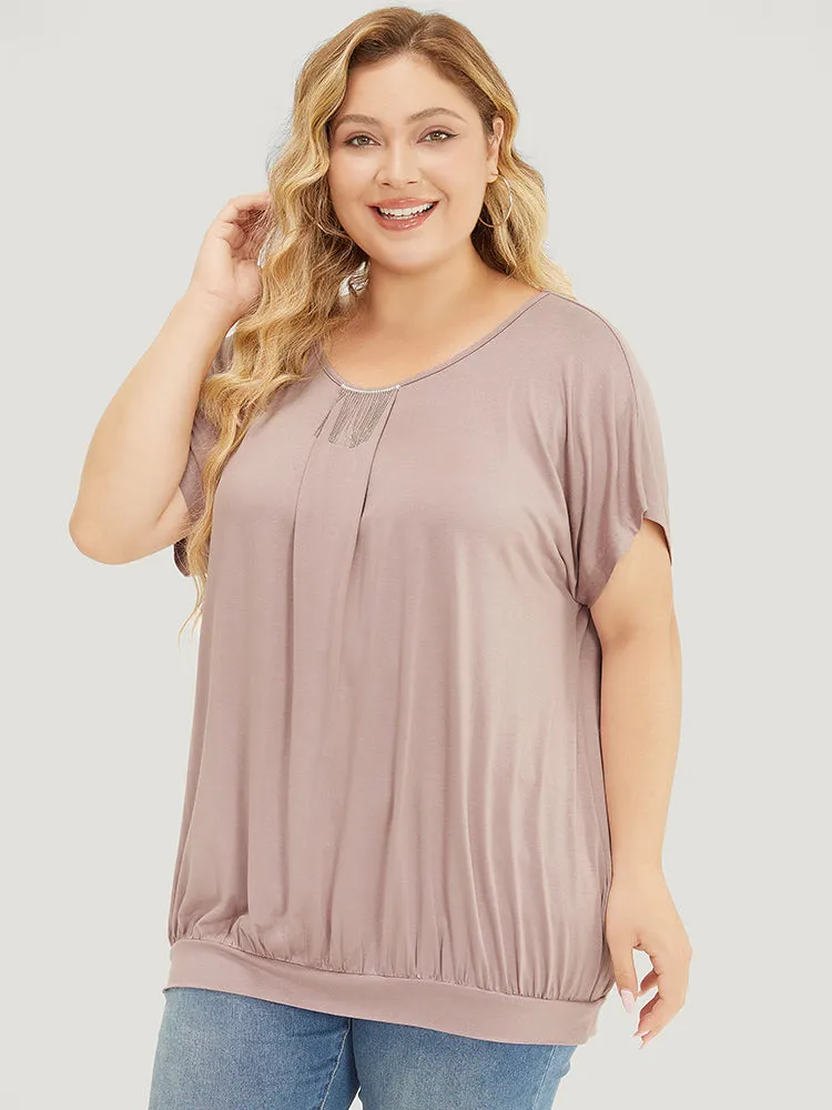 Solid Fringe Hem Batwing Sleeve Gathered T-shirt sold by Bloomchic product image thumbnail 3