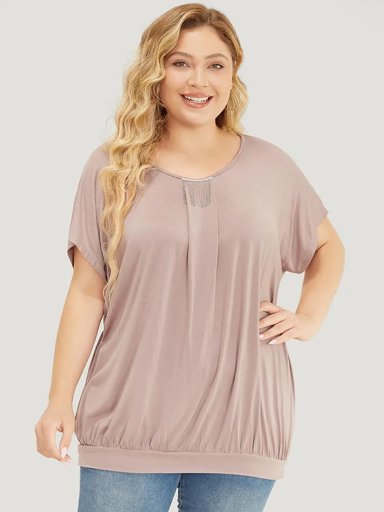 Solid Fringe Hem Batwing Sleeve Gathered T-shirt sold by Bloomchic product image thumbnail 2