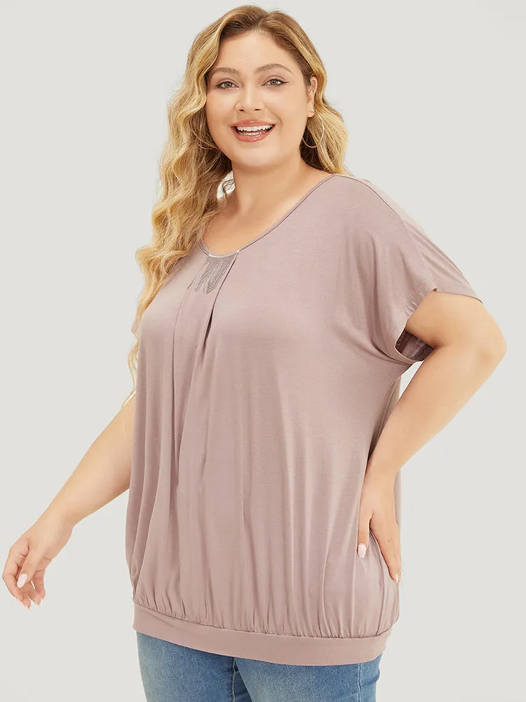 Solid Fringe Hem Batwing Sleeve Gathered T-shirt sold by Bloomchic product image thumbnail 5