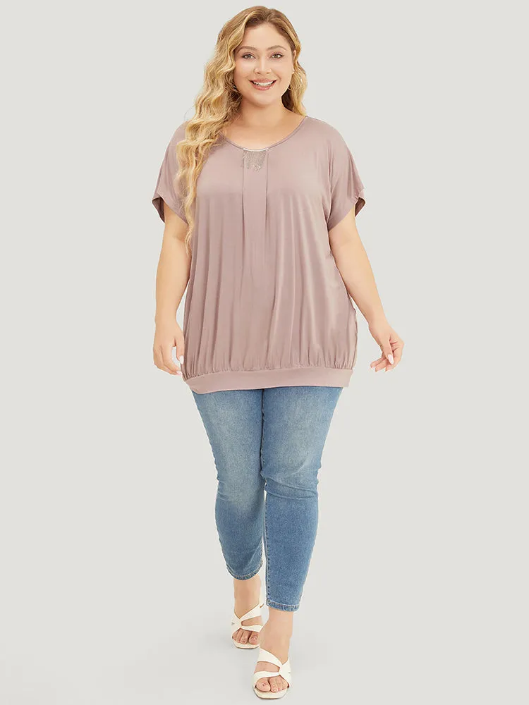 Solid Fringe Hem Batwing Sleeve Gathered T-shirt sold by Bloomchic product image thumbnail 4