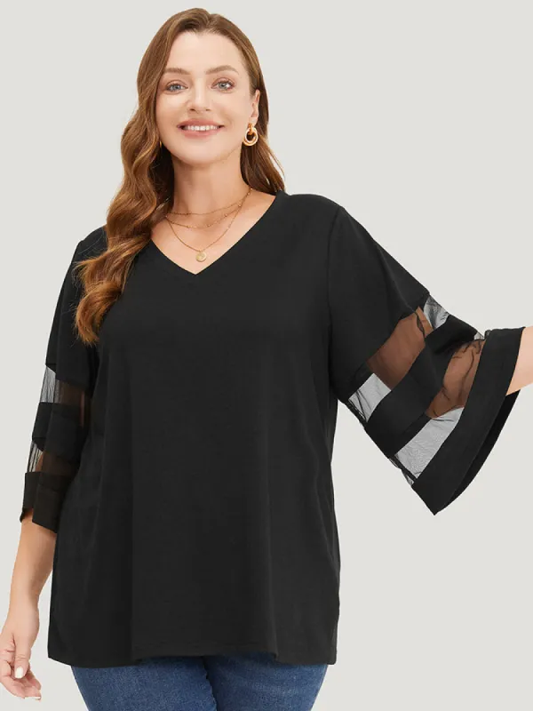 Solid Mesh Patchwork V Neck T-shirt sold by Bloomchic