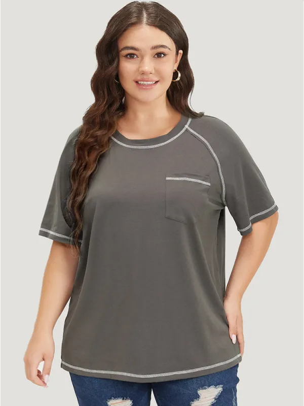 Solid Contrast Stitch Raglan Sleeve Patched Pocket T-shirt sold by Bloomchic