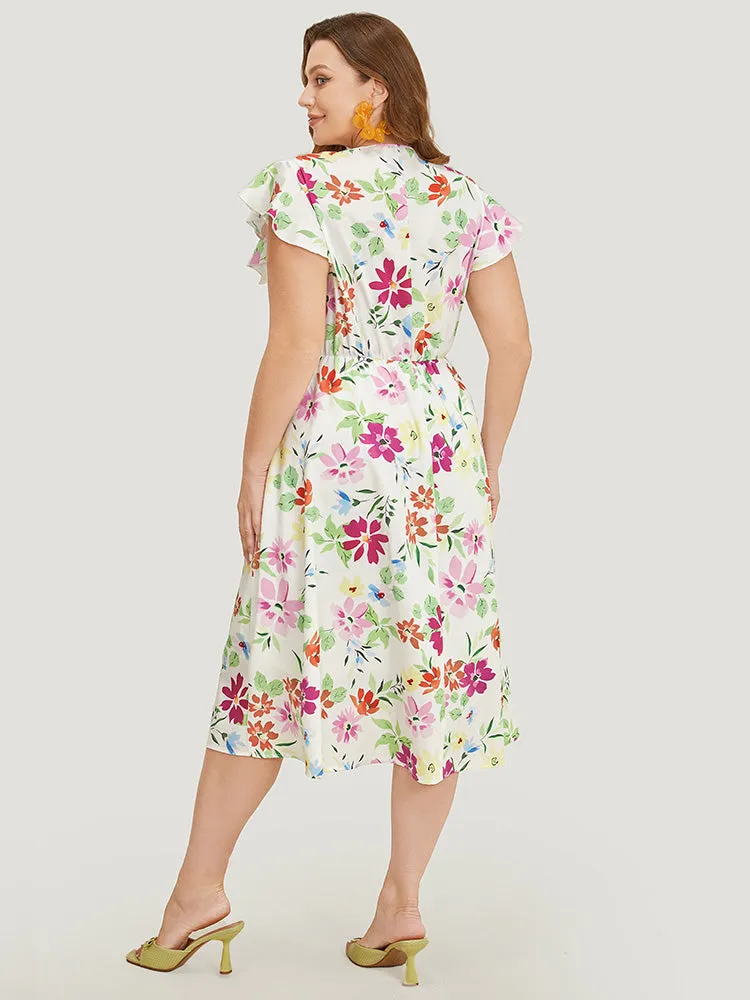 Floral Knot Neck Pocket Cap Sleeve Ruffle Trim Dress sold by Bloomchic product image thumbnail 4