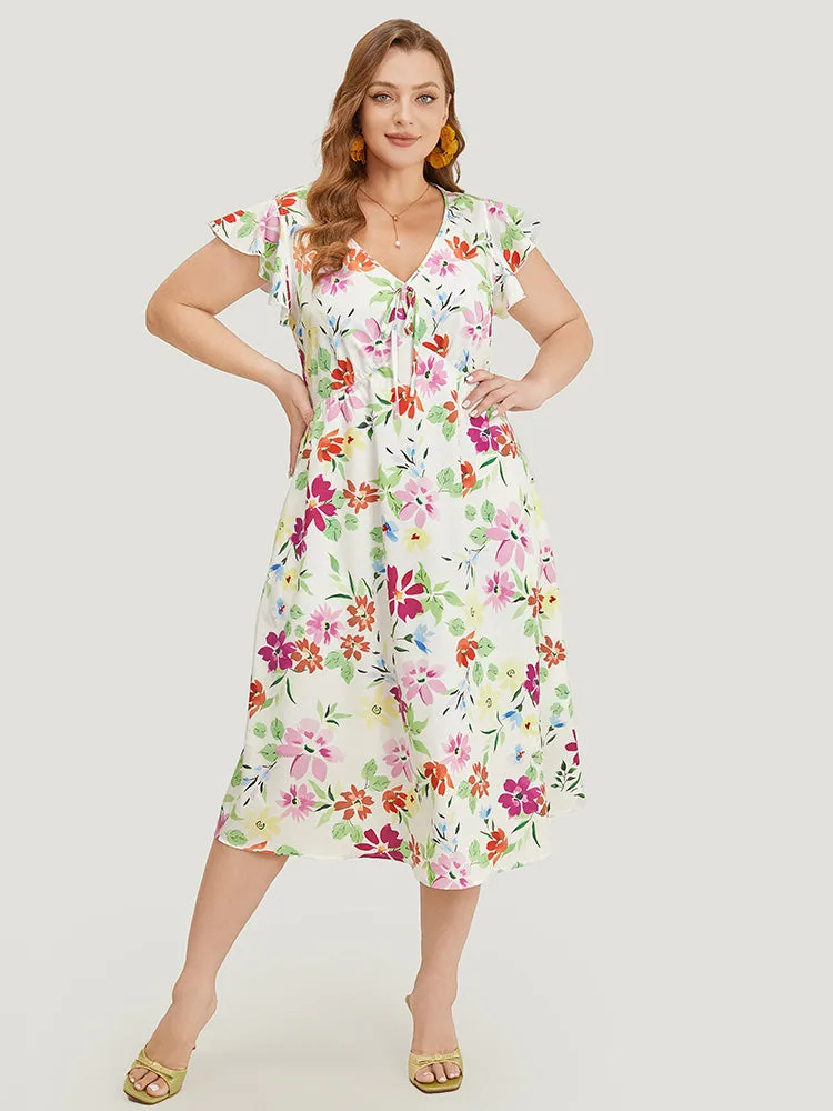 Floral Knot Neck Pocket Cap Sleeve Ruffle Trim Dress sold by Bloomchic