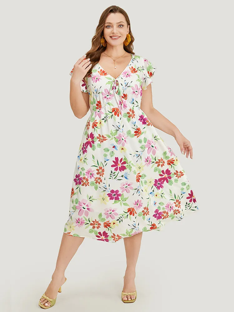 Floral Knot Neck Pocket Cap Sleeve Ruffle Trim Dress sold by Bloomchic product image thumbnail 5